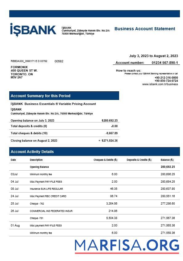 Printable İşbank corporate checking account statement Word and PDF template